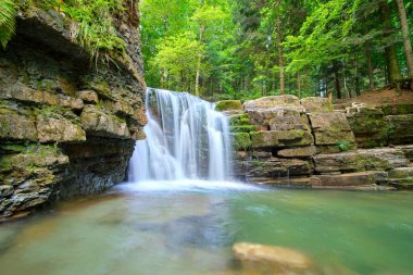 Yaz ormanlarında kayalık oluşumdan dökülen köpüklü suyla birlikte dağ nehrine dökülen şelale.
