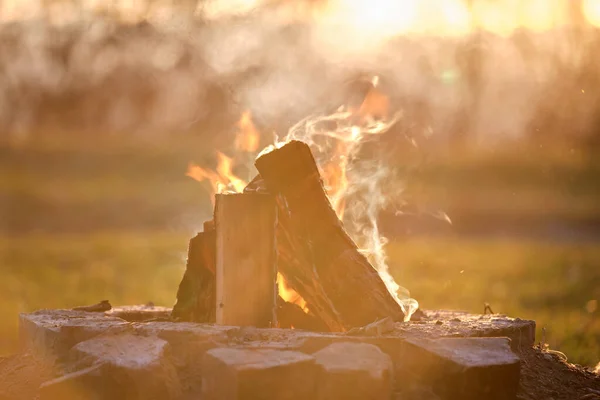 Houten stammen die branden met hete oranje vlammen in het kampvuur buiten. Grillen en barbecueconcept — Stockfoto