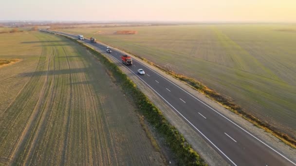 Kargo kamyonlarının otobanda mal taşırken hava görüntüsü. Teslimat ulaşım ve lojistik kavramı — Stok video