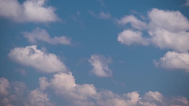 Helle Landschaft aus weißen, geschwollenen Kumuluswolken, die sich unter starkem Wind am blauen Himmel bilden und verändern — Stockvideo