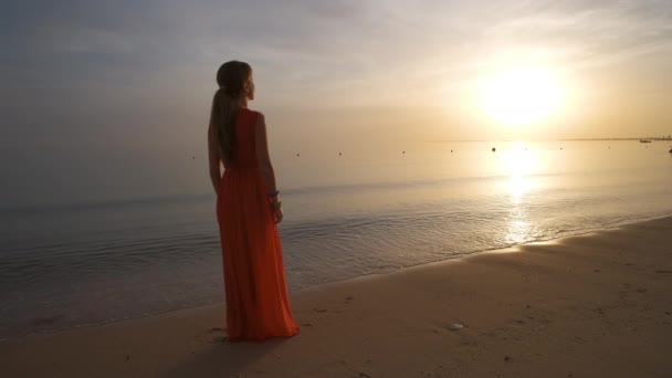 Самотня молода жінка стоїть на океанічному пляжі біля моря насолоджуючись теплим тропічним вечором — стокове відео