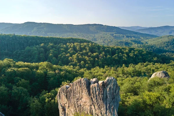 Yeşil orman ağaçları ve sık ağaçlar arasında büyük kayalık kayaların olduğu parlak manzaranın havadan görünüşü. Vahşi ormanın güzel manzarası