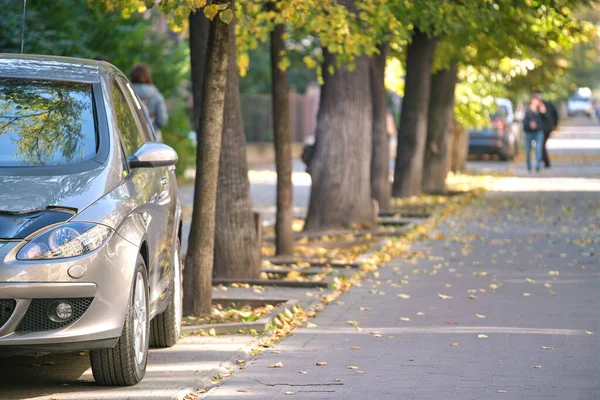 Close up of a car parking illegally against traffic rules on pedestrian city street side — Stock fotografie