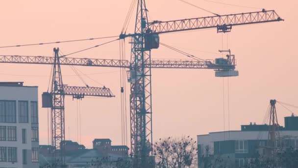 Dark silhouette of tower cranes at high residential apartment buildings construction site at sunset. Real estate development. — Stock Video