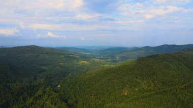 Bulutlu bir akşamda yoğun yeşil yemyeşil ağaçlarla kaplı dağ tepelerinin hava manzarası.