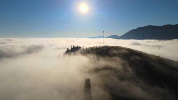 水平線上の山の丘の遠く暗いシルエットと白い濃い霧の上のカラフルな日の出の空中ビュー — ストック動画