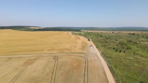 Vue aérienne de camion de fret conduisant sur la route de terre entre les champs de blé agricole faisant beaucoup de poussière. Transport du grain après récolte par moissonneuse-batteuse pendant la saison de récolte — Video