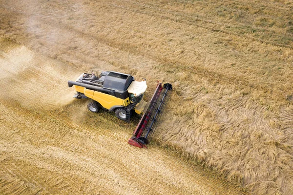 联合收割机收获大熟麦田的空中景观.从无人机角度看农业 — 图库照片