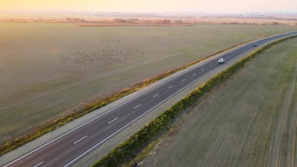 Luchtfoto van intercity weg met snelrijdende auto 's bij zonsondergang. Top uitzicht van drone van de snelweg verkeer in de avond — Stockvideo