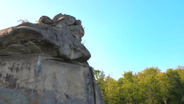 Luftaufnahme einer hellen Landschaft mit grünen Waldbäumen und großen Felsbrocken zwischen dichten Wäldern im Sommer. Schöne Landschaft mit wilden Wäldern — Stockvideo