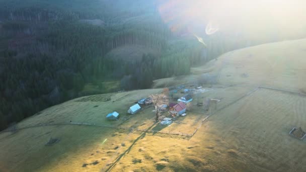 Letecký pohled na úbočí hory s malými pastýřskými chatrčemi ve večerních hodinách — Stock video