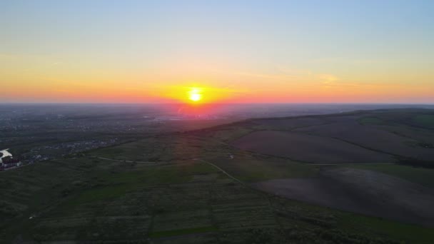 Vue aérienne du paysage des champs agricoles cultivés verts avec des cultures en croissance et des maisons de village lointaines le soir d'été lumineux — Video