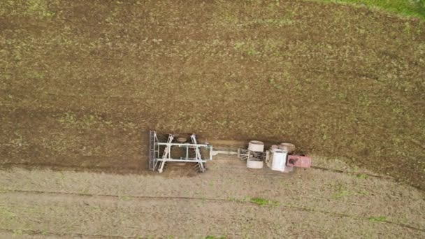 Widok z lotu ptaka na pole uprawne ciągnika przygotowujące glebę do siewu latem — Wideo stockowe