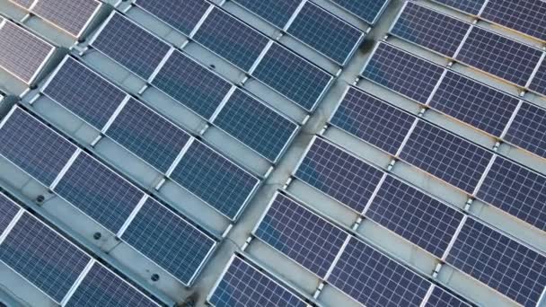 Vista aerea edificio tetto con file di pannelli solari fotovoltaici blu per la produzione di energia elettrica ecologica pulita. Elettricità rinnovabile a emissioni zero — Video Stock