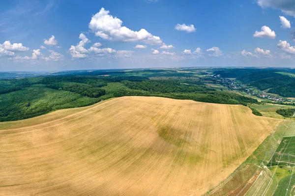Vista aérea del paisaje de los campos agrícolas cultivados amarillos con trigo maduro y bosques verdes en el día brillante del verano —  Fotos de Stock