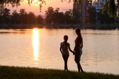 Mutlu anne ve kız el ele tutuşup akşamları yaz parkında eğleniyorlar. Aile sevgisi ve ilişki kavramı