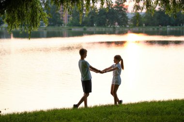 Mutlu kardeşler yaz parkında el ele tutuşuyorlar. Küçük çocuklar erkek ve kız kardeşler dışarıda dinleniyorlar. Aile sevgisi ve ilişki kavramı