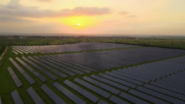 夕方にきれいな電気エネルギーを生成するための太陽光発電パネルの行を持つ大規模な持続可能な電気発電所の空中ビュー。排出ゼロの再生可能エネルギーの概念 — ストック動画
