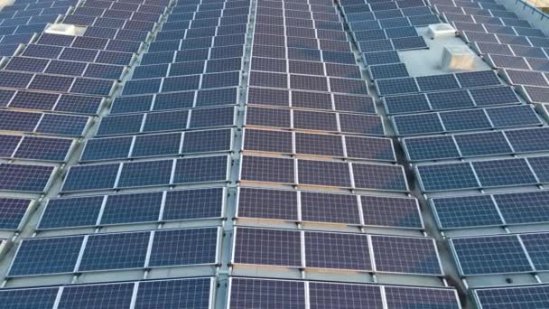 Techo del edificio vista aérea con filas de paneles fotovoltaicos solares azules para producir energía eléctrica ecológica limpia. Electricidad renovable con concepto de cero emisiones — Vídeo de stock