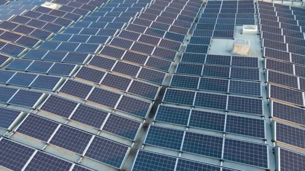 Vista aérea de paneles solares fotovoltaicos azules montados en el techo de un edificio industrial para producir electricidad ecológica verde. Producción del concepto de energía sostenible — Vídeos de Stock