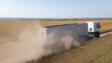 Tarım buğday tarlaları arasında toprak yolda giden kargo kamyonunun hava görüntüsü çok toz yapıyor. Hasat mevsiminde hasatçıların topladığı tahıl naklinden sonra.