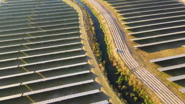 きれいな生態系の電気エネルギーを生成するための太陽光発電パネルの行を持つ大規模な持続可能な電気発電所の空中ビュー。排出ゼロをコンセプトとした再生可能エネルギー — ストック動画