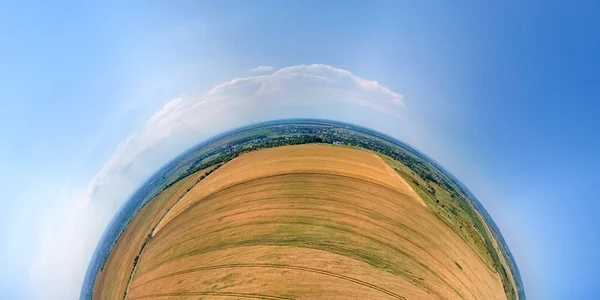 Flygfoto från hög höjd av liten planet jord med gul odlad jordbruksmark med moget vete på ljusa sommardag — Stockfoto