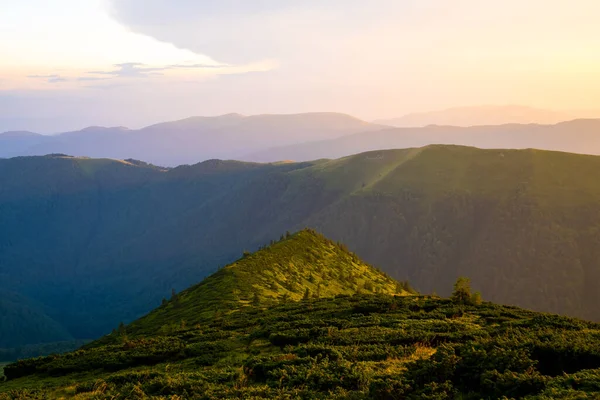 Nebliger Abend über hohen Berggipfeln und weit entfernten Tälern bei hellem Sonnenuntergang. Erstaunliche Landschaft wilder Hänge in der Abenddämmerung — Stockfoto