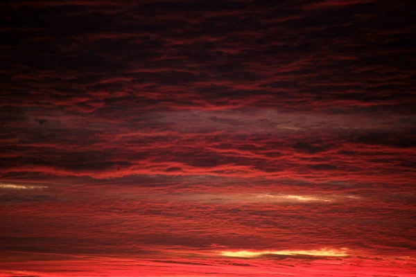 Jasná barevná obloha se západem slunce s jasnými hladkými mraky ozářenými zapadajícím slunečním světlem šířícím se k obzoru — Stock fotografie