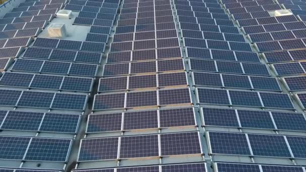 Letecký pohled na solární elektrárnu s modrými fotovoltaickými panely namontovanými na střeše průmyslové budovy pro výrobu zelené ekologické elektřiny. Výroba koncepce udržitelné energie — Stock video