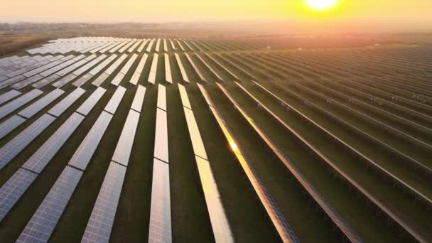 Vista aérea de una gran central eléctrica sostenible con muchas filas de paneles fotovoltaicos solares para producir energía eléctrica limpia al atardecer. Electricidad renovable con concepto de cero emisiones — Vídeo de stock