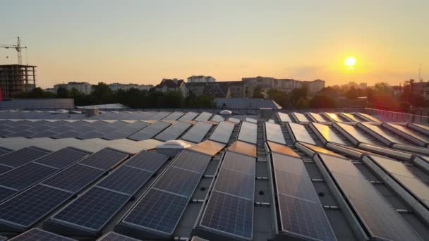 Widok z powietrza niebieskich fotowoltaicznych paneli słonecznych zamontowanych na dachu budynku przemysłowego do produkcji ekologicznej energii elektrycznej o zachodzie słońca. Produkcja koncepcji zrównoważonej energii — Wideo stockowe