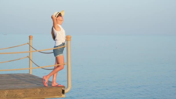 Junge Touristinnen in legerer Kleidung genießen den warmen, sonnigen Tag an der Küste. Sommerurlaub und Reisekonzept — Stockvideo