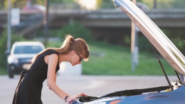 Hilflose Frau steht neben ihrem Auto mit offener Motorhaube und inspiziert kaputten Motor. Junge Autofahrerin hat Ärger mit Fahrzeug — Stockvideo