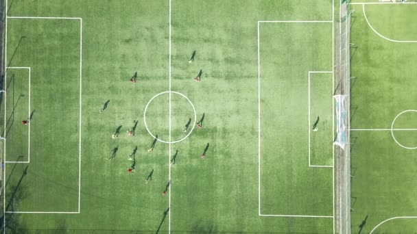 Vista aérea de jugadores de fútbol jugando al fútbol en el estadio de deportes verdes — Vídeo de stock