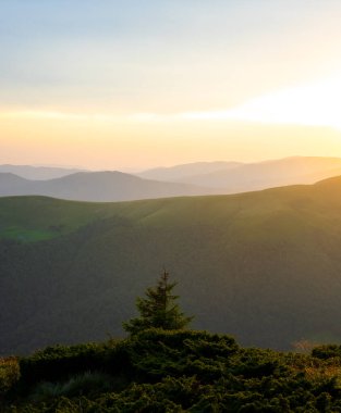 Yüksek dağların tepelerinde puslu bir akşam ve gün batımında uzak bir vadi. Alacakaranlıktaki yamaçların muhteşem manzarası