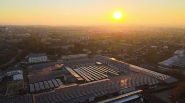 Sanayi binasının çatısına yeşil ekolojik elektrik üretmek için monte edilmiş mavi fotovoltaik panelli güneş enerjisi santralinin hava görüntüsü. Sürdürülebilir enerji konsepti üretimi