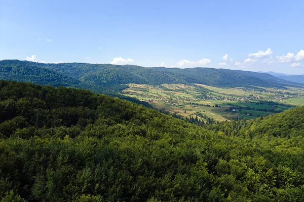 Parlak yaz gününde yoğun yeşil gür ormanlarla kaplı dağ tepelerinin havadan görünüşü — Stok fotoğraf