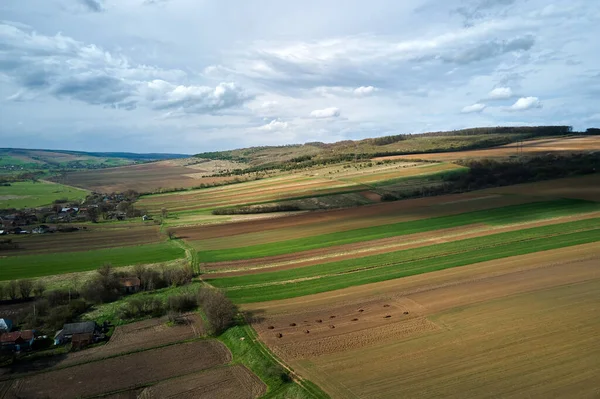 Zicht vanuit de lucht op omgeploegde landbouwvelden met bebouwde vruchtbare grond bereid voor het planten van gewassen tussen groene bossen in het voorjaar — Stockfoto