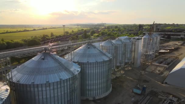 Aerial view of industrial ventilated silos for long term storage of grain and oilseed. Metal elevator for wheat drying in agricultural zone — Stock Video