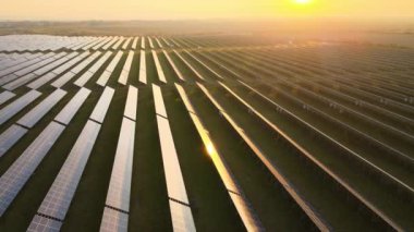 Günbatımında temiz elektrik enerjisi üretmek için birçok sıra güneş fotovoltaik paneli bulunan sürdürülebilir büyük elektrik santralinin havadan görünüşü. Sıfır emisyon kavramı ile yenilenebilir elektrik