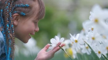 Mutlu kız çocuğu yaz bahçesinde oynuyor güneşli bir günde beyaz narsislerin tatlı kokusunun tadını çıkarıyor.