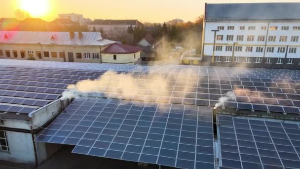 Sanayi binasının çatısına yeşil ekolojik elektrik üretmek için monte edilen mavi fotovoltaik güneş panellerinin hava görüntüsü. Sürdürülebilir enerji konsepti üretimi — Stok video