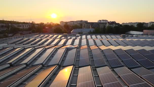 日没時にきれいな生態系電力を生産するための建物の屋根に取り付けられた青い太陽光発電パネル。再生可能エネルギーの概念の生産 — ストック動画