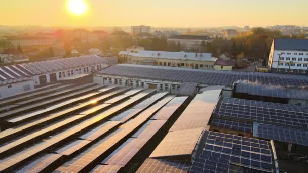 为生产绿色生态电力而安装在工业建筑物屋顶上的蓝色光电太阳能电池板的空中视图。可持续能源概念的产生 — 图库视频影像