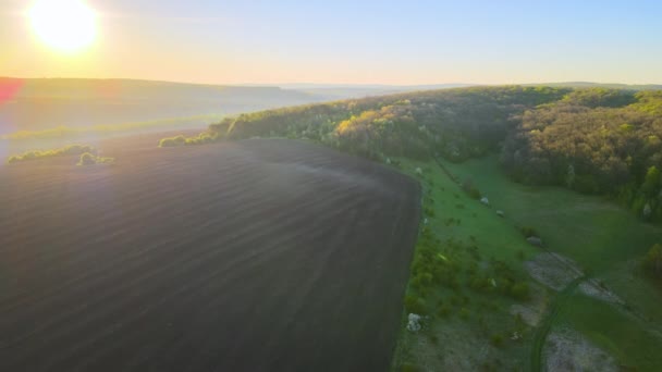 Zicht vanuit de lucht op omgeploegde landbouwvelden met bebouwde vruchtbare grond, voorbereid voor het planten van gewassen tussen groene bossen in het voorjaar bij zonsondergang — Stockvideo