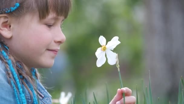 Glückliches Kindermädchen genießt den süßen Duft weißer Narzissenblüten im Sommergarten — Stockvideo