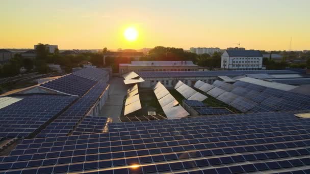Flygfoto av blå solceller solpaneler monterade på industribyggnad tak för att producera grön ekologisk el. Produktion av begreppet hållbar energi — Stockvideo