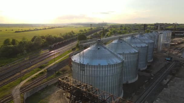 Vista aerea di silos ventilati industriali per lo stoccaggio a lungo termine di cereali e semi oleosi. Ascensore in metallo per l'essiccazione del grano nella zona agricola — Video Stock