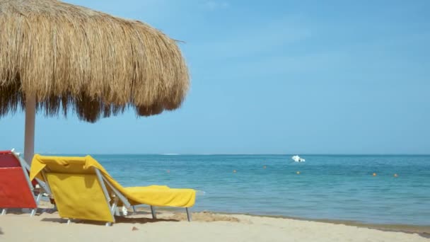 Dettaglio ombrelloni in paglia in riva al mare in località tropicale. Vacanze estive e concetto di fuga — Video Stock